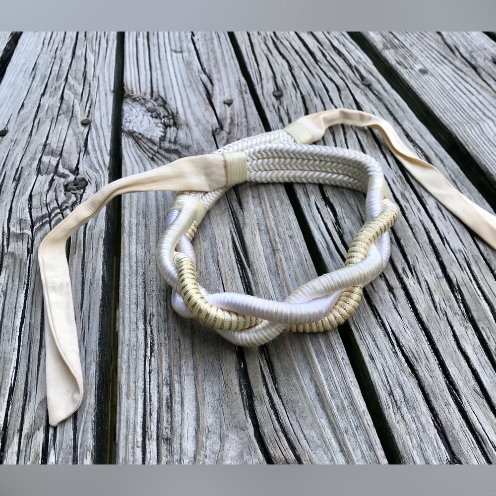 Vintage Ladies Belt Waist Up To 36” Brainded Rope White Gold Tie Back Belt